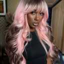 WIGER Long Wavy Wig With Bangs, Pink Romantic Curly Hair With Brown Roots and Ends, Layered Synthetic Curly Hair Brown Ombre Pink Wig for Women Cosplay/Coachella Festival/Theme Parties Cosplay