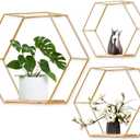 Wall Mounted Hexagonal Floating Shelves Set of 3 in Different Sizes, Modern Metal Wall Shelf, Simple Wood Partition Storage Shelves, Wall Decor Rack for Bedroom, Living Room, Kitchen and Office (Golden)