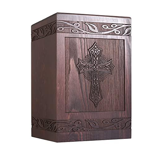 Cremation Urns for Human Ashes Adult Male Female, Wooden Carved Cross Urns Box and Casket for Ashe Men Women Child, Pets Cat Dog Urn, Burial Funeral Memorial Urns for Ashes, Holds 222 Cubic Inch