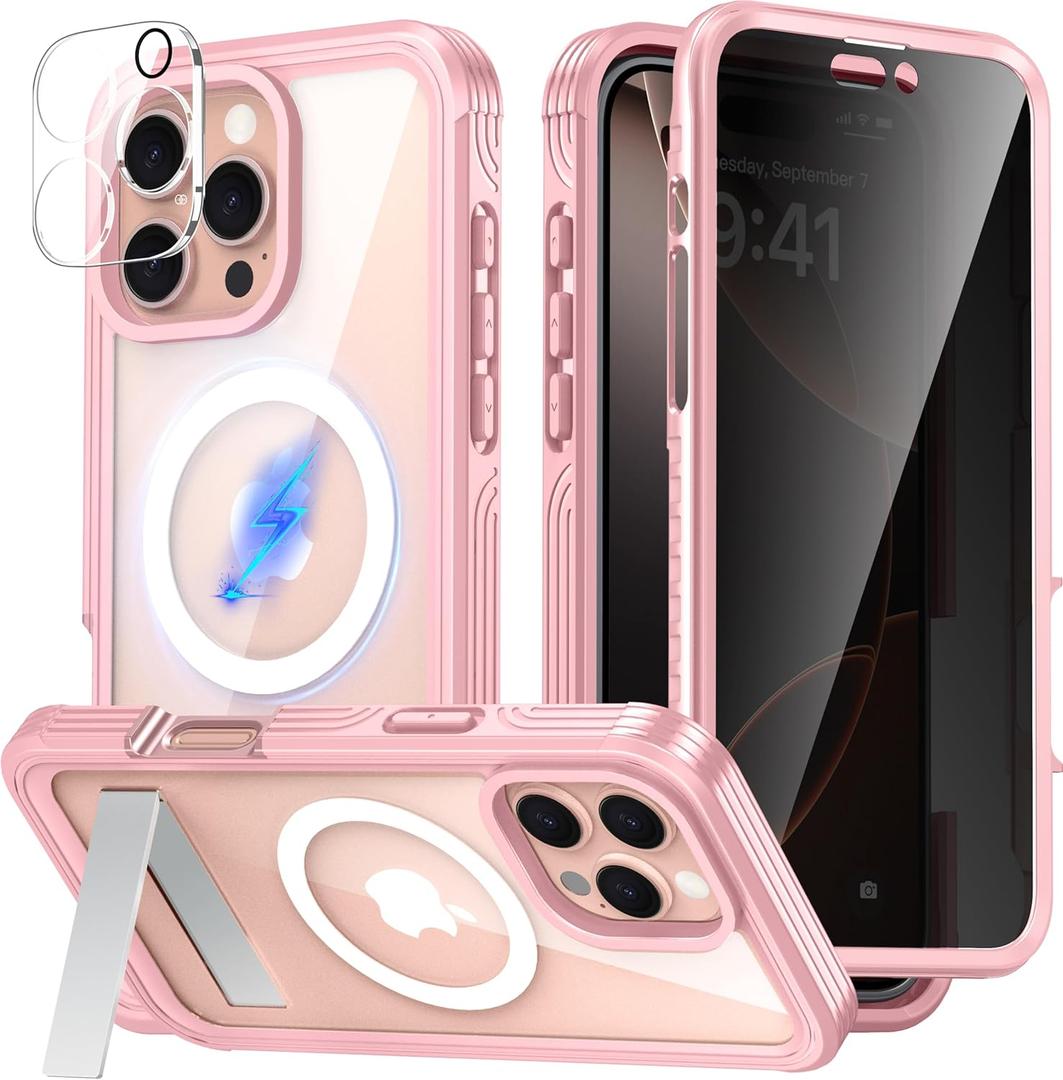 360 Protection Magnetic for iPhone 16 Pro Case Built-in 9H Privacy Screen Protector & Metal Stand[Fit for Magsafe][Anti-Spy][Lens Protector] Heavy Duty Shockproof Phone Case for iPhone 16 Pro