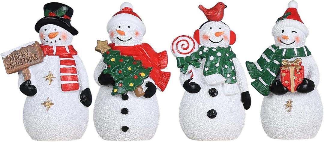 MEETYAMOR Christmas Decorations Indoor, 4 PCS Resin Snowman Ornaments for Christmas Table Decor, Farmhouse Rustic Miniature Collectible Figurines for Home, Tiered Tray, Mantle, Shelf