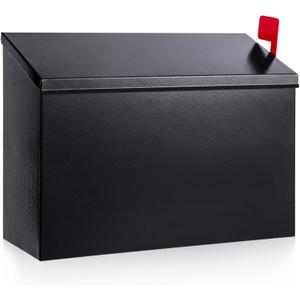 Wall Mount Mailbox for Outside with Flag, Galvanized Steel Mail Box for Post Outdoor, Large Capacity Rust-Proof Metal Postbox for House and Office, with 3 Sets Mailbox Numbers, 14.2"x9.5"x4" Black
