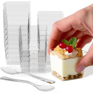 Exquisite Mini Dessert Cups With Spoons 200 Pcs - 3.6 Oz Square Plastic Dessert Cups Disposable With Tasting Spoons 100 Sets | Mini Parfait Cup | Appetizer Cup For Party