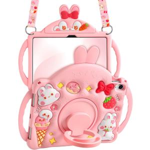 Wazzasoft for iPad A16 Case/10th Generation Case - Kids Girls Cute Girly Protective Silicone Rabbit Tablet Cover for iPad 11th 11" 2025/10.9inch 2022 with Shoulder Strap & Rotating Kickstand & Handle