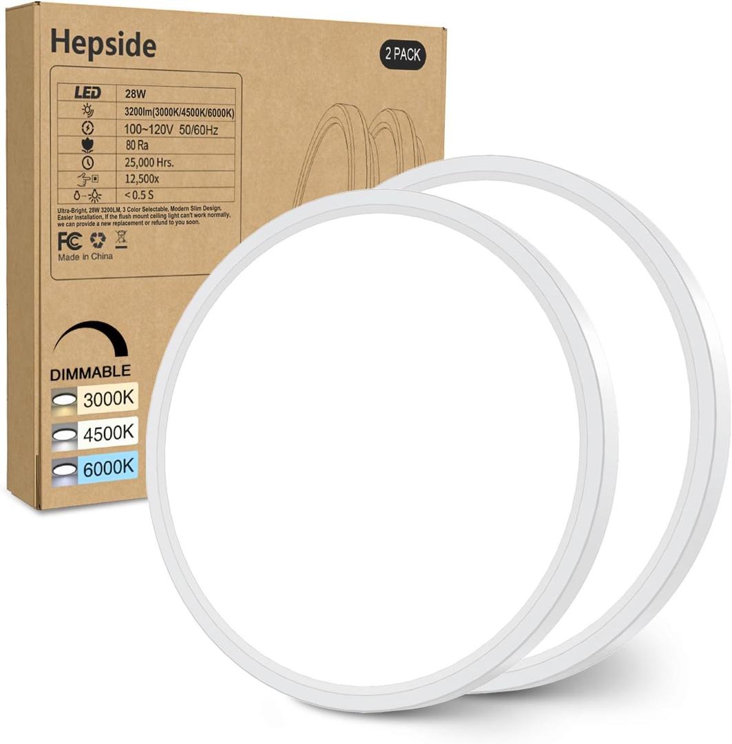 2PACK Flush Mount LED Ceiling Light Fixture White, 12Inch 28Watt, Dimmable & 3000K-4500K-6000K 3 Color Selectable Ceiling Lamp 3200LM Low Profile Ceiling Light for Kitchen Bedroom Hallway Porch