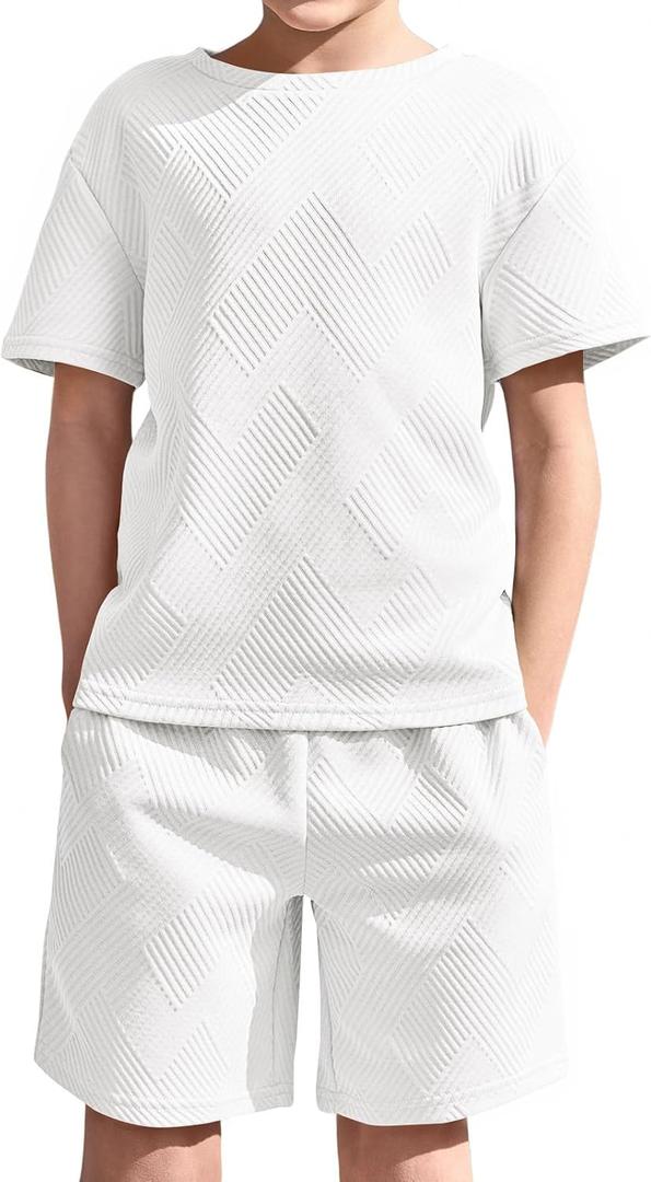 Haloumoning Boys 2 Piece Summer Outfits Short Sleeve Tshirts and Elastic Waist Shorts Casual Texture Sets (White, 9-10y)