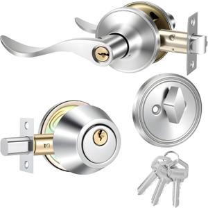 Front Door Lever Lockset with Single Cylinder Deadbolt Combination Set, Front Door Handle and Deadbolt Set, Exterior Doors Knob with Lock and Deadbolts