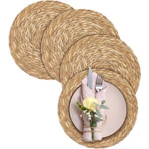 Aneco 4 Pack 12-Inch Round Woven Placemats Natural Hand-Woven Boho Rattan Wicker Bulrush Placemat Farmhouse Rustic Braided Table Mats for Dining & Kitchen Decor