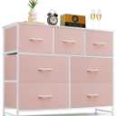 7-Drawer Dresser for Bedroom, Anti-Tip Wide Storage Organizer Fabric Chest of Drawers TV Stand for 45" TV with Wooden Top and Metal Frame for Closet, Living Room, Hallway, Entryway, Pink