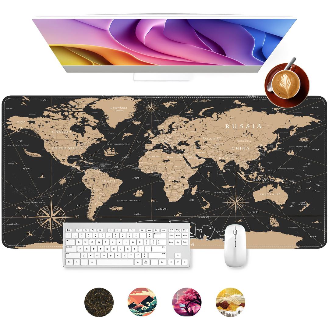 Gaming Mouse Pad for Desk, Vintage World Map Office Large Desk Mat, 31.5x11.8Inch Long Computer Keyboard Mousepad with Non-Slip Base and Stitched Edge, Gifts for Him