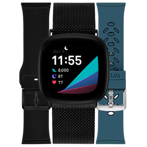WITHit - Band Kit for Fitbit Versa 3 and Fitbit Sense (3-Pack) - Black Mesh/Bluestone Silicone/Black Woven