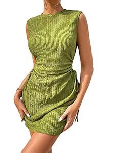 GORGLITTER Women's Cut Out Drawstring Mini Dress Ruched Sleeveless Textured Tank Dresses Green, Large
