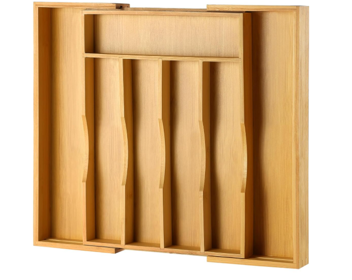 Expandable Bamboo Kitchen Drawer Organizer for Cutlery and Utensils, Adjustable Bamboo Wood Cutlery Tray in Drawer for Flatware and Silverware in Kitchen, (Natural) (7 Slots Expandable)