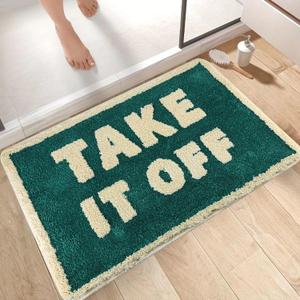 Cute Bath Mat 32"20" Green Bathroom Rugs with Off-White Letter Take It Off Funny Bath Rugs Machine Washable Shower Rug Non Slip Absorbent Microfiber Mats for Bathroom, Shower, Bathtub