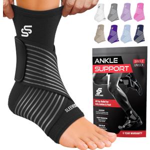 Sleeve Stars Ankle Brace for Women & Men, Ankle Wrap for Sprain, Compression Sleeve for Plantar Fasciitis Relief, Easy Customizable Support: w/ Removable Strap (Single/M:10"-12"/Black)