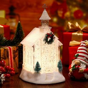 Youyole Christmas Lighted Church Acrylic Water Lantern Snow Globe with Evergreens and Wreath LED Village LED Lighted Swirling Glitter Church Decor for Christmas Home Gifts Holiday Decor