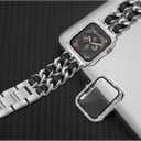 Mosonio Compatible for Apple Watch Band 42mm with Screen Protectors Case Women, Jewelry Bracelet Metal Bands with 2-Pack Bling Case Cover for 42mm iWatch Series 3 2 1(Silver Link with Black Leather)