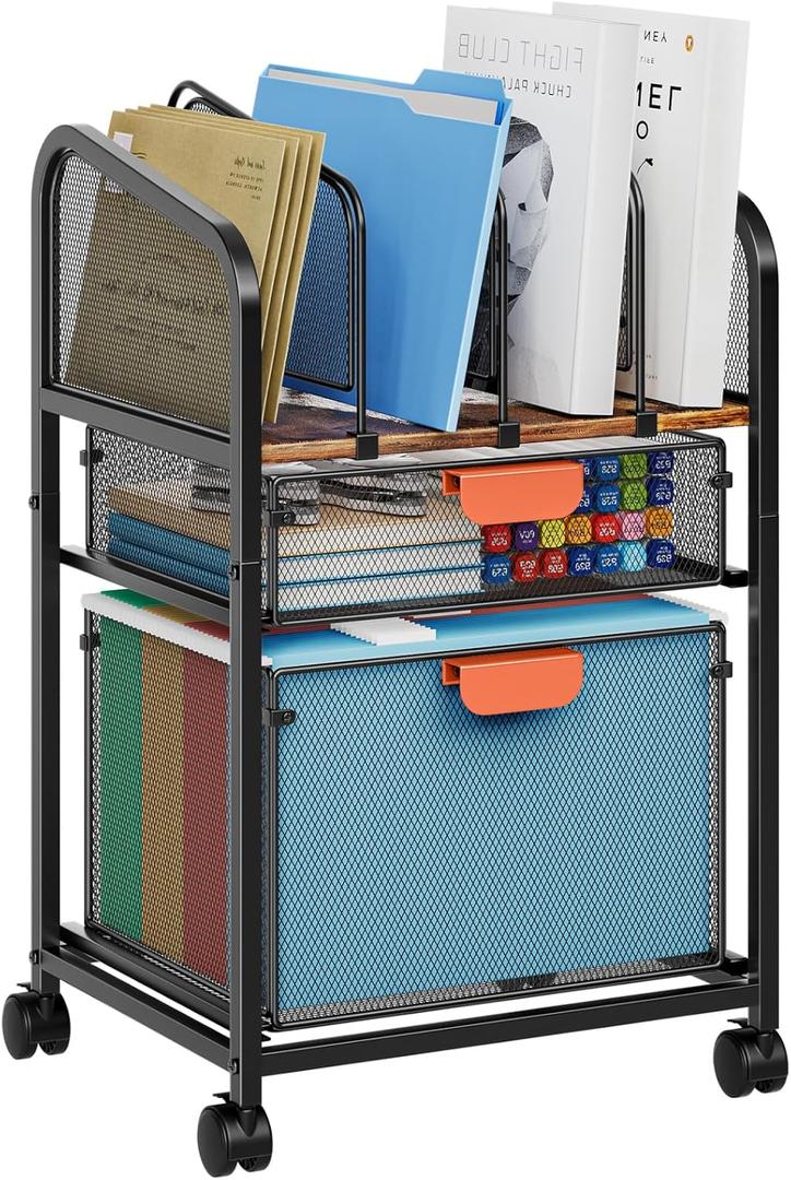 Marbrasse Rolling File Cart with Adjustable Dividers, Mobile File Cabinet on Lockable Wheels, Office Filing Cabinet Organizer, Hanging File Folder Organizer for Home Office - Dark Brown