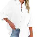ARTFREE Womens Color Block Long Sleeve Striped Button Down Shirts with Pocket Loose Fit Work Casual Collared Blouse Tops (Small, White)