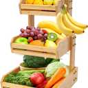 Bamboo 3 Tier Fruit Basket Stand for Kitchen Counter, Tiered Wooden Large Countertop Vegetable Fruit Holder with Banana Hook, Natural