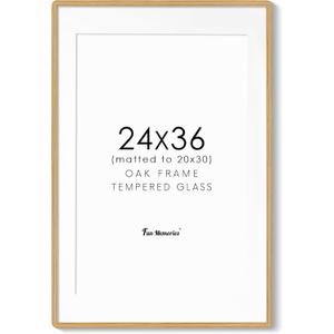 24x36 Poster Frame, USA-Sourced Oak Wood Picture Frame with HD Tempered Glass, Handcrafted Rounded Corner 24 x 36 Wooden Frames Matted to 20x30 Photos, Horizontal or Vertical Wall Display, Natural Color