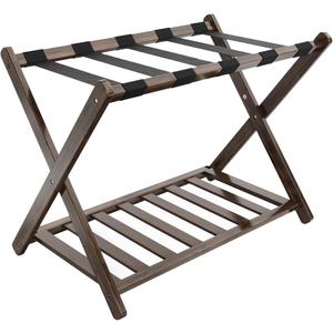 Luggage Rack for Guest Room, Folding Suitcase Stand with Storage Shelf, 5 Nylon Straps, Foldable for Easy Storage, Bamboo Stand Holder Storage Shelf for Bedroom, Living Room, Hotel Essentials,Brown (1 Pack, Walnut)
