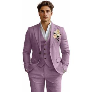 Linen Mens Suits 3 Piece Slim Fit Tuxedo Suit for Men Beach Wedding Formal Business Suit Groom Prom Set Outfits, Size M