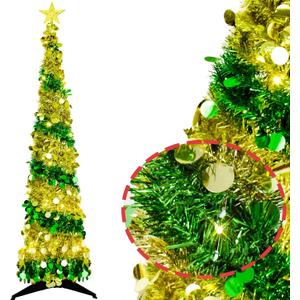 5FT Pop up Christmas Tree Decoration for Indoor, Gold Green Tinsel Pencil Tree with Lights, Mini Sparkling Sequins Pre-lit Christmas Tree Small Artificial Pencil Tree Lighted up Decoration