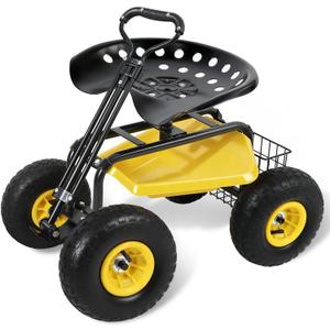 Sekey Garden Cart Rolling Workseat, Heavy Duty Garden Scooter with 360 Swivel Seat & Adjustable Height, Tool Tray & Storage Basket, 440 lbs Capacity, All-Terrain Wheels, for Seniors & Gardeners