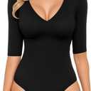 MANGOPOP Women's V Neck Half Sleeve Bodysuit 3/4 Sleeve Slim Fitted Body Suit Sexy Going Out Shirts Tops (A01- Black, S)