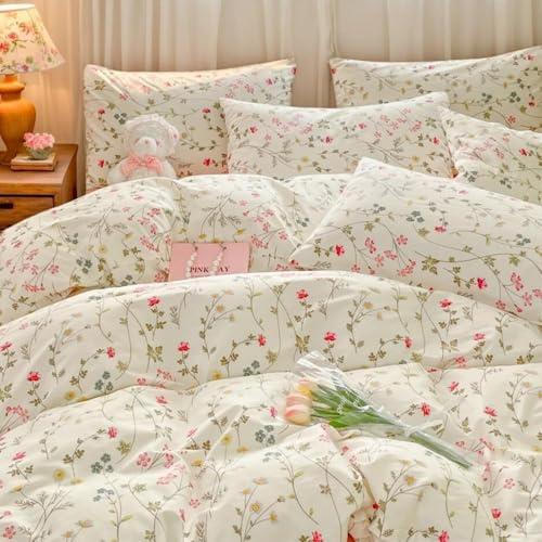 CCoutueChen Floral Duvet Cover Queen 3Pieces 100% Cotton Duvet Cover Gardern Farmhouse Botanical Flower Bedding with 2 Pillowcases(No Comforter,Beige)