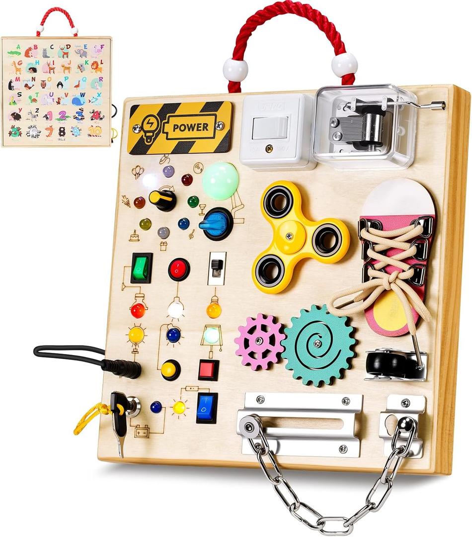 Montessori Wooden Busy Board Toys for 1 2 3 Boys Girls,Toddler Sensory Educational Fidget Board Travel Toy with LED Light Up Switches & Music Boxes, Locks for Kids Gifts