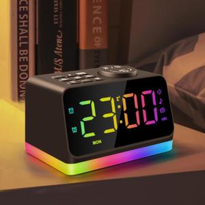 JALL Digital Alarm Clock with FM Radio for Bedroom, 8 Colors Night Light with Charging Port, Sleep Sound Machines with Timer, Dual Alarm (Black with RGB Font)