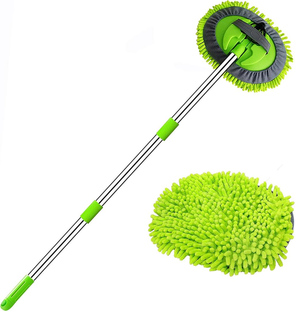 47.5" Car Wash Brush Mop Cleaning Tool with Long Handle Kit for Washing Detailing Cars Truck, SUV, RV, Trailer, Boat 2 in 1 Chenille Microfiber Sponge Duster Not Hurt Paint Scratch Free (Green)