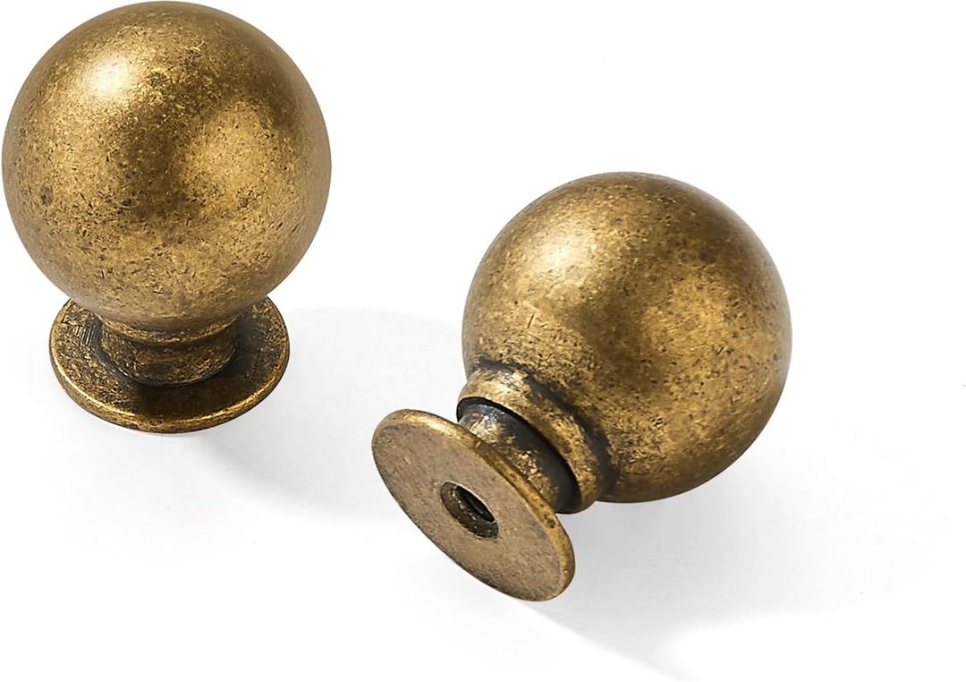 Brass Drawer Knobs 2 Pack 1 Inch Antique Brass Cabinet Knobs Kitchen Cabinet Hardware Vintage Ball Knobs Antinque Gold Pulls for Drawers.