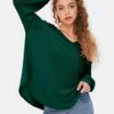 EXLURA Womens Fall Oversized V Neck Tunic Tops 2025 Casual Long Sleeve Shirts Lightweight Soft Sweater Curved Hem T Shirts (Green, S)