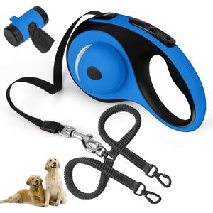 Dual Retractable Dog Leash for 2 Large Dogs (Up to 110LBS Each) - Double Headed Pet Leash with Poop Bags and LED Light, One Button Brake & Lock, 360 Tangle-Free (Blue, Large)
