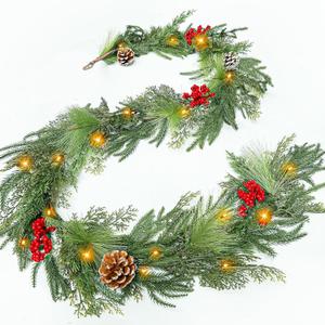 Prelit & Timer - 6FT Christmas Garland with Lights, Real Touch Norfolk Pine Garland Green Cedar Garlands Pine Needle Cypress Leaves Pinecone Red Berries Lighted Garland for Fireplace Table Xmas Decor