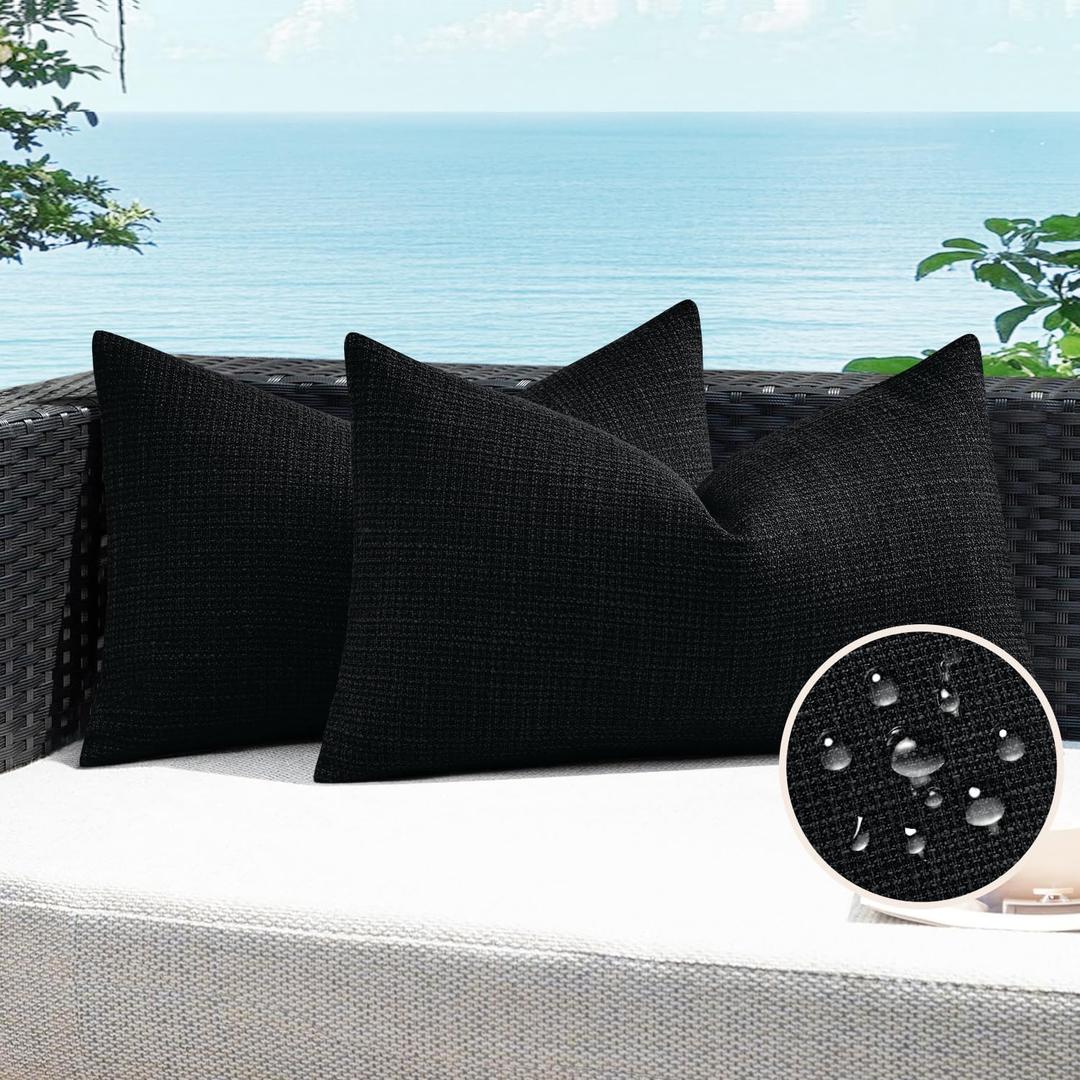 Artscope Outdoor Waterproof Throw Pillow Covers 16x24 Inch Decorative Linen Outdoor Pillows Cushion Case for Patio Couch Sofa - Black