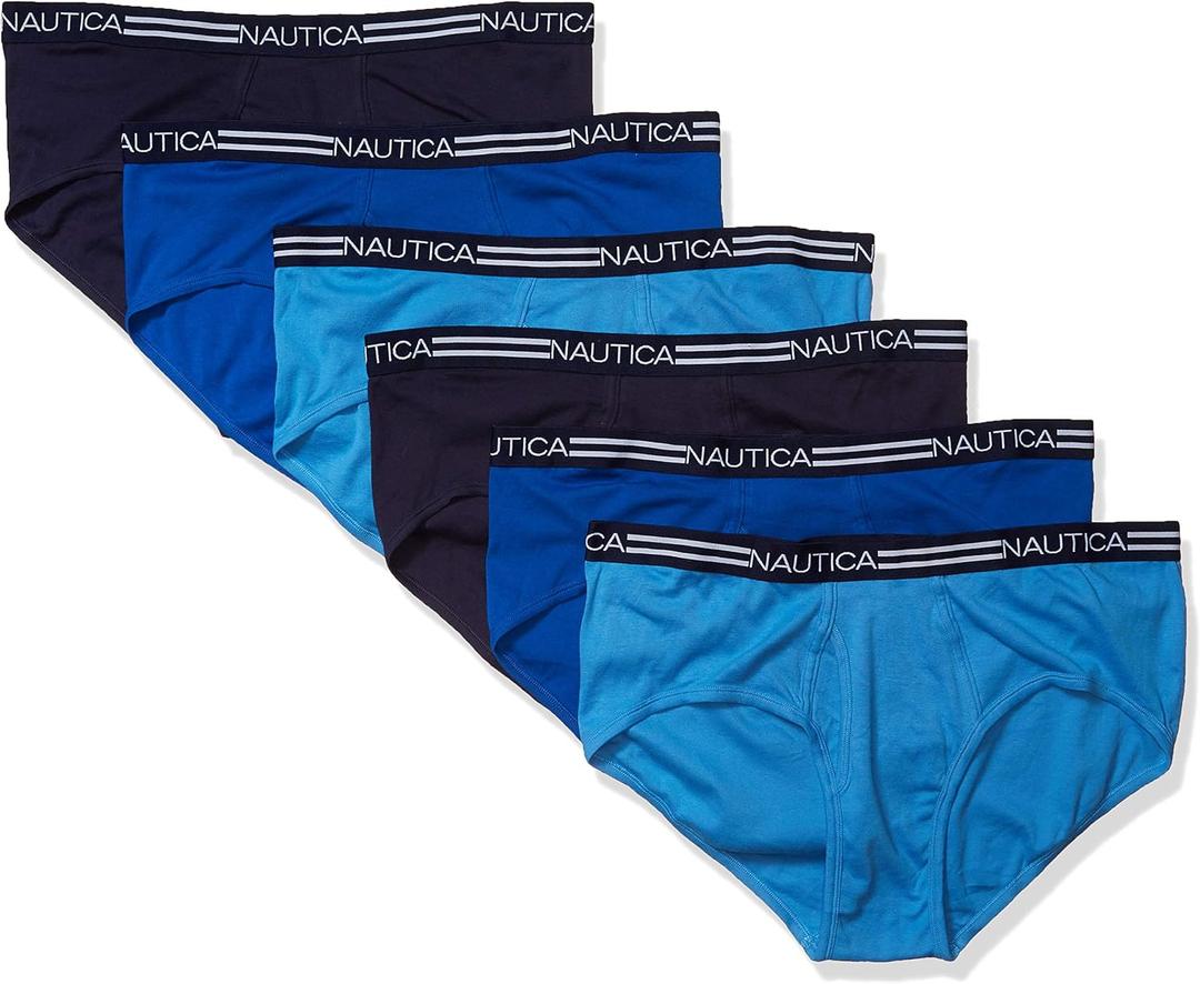 Nautica mens 6 Pack Classic Cotton Fly Front Briefs (Large, Peacoat/Aero Blue/Sea Cobalt- 6 Pack)