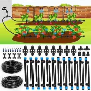 Bonviee Drip Irrigation System, 230FT Garden Watering System with Quick-to-Connect Fittings, Adjustable Drip Emitters, 1/4 & 5/16 Tubing, Drip Irrigation Kit for Raised Garden Beds, Greenhouse, Lawn