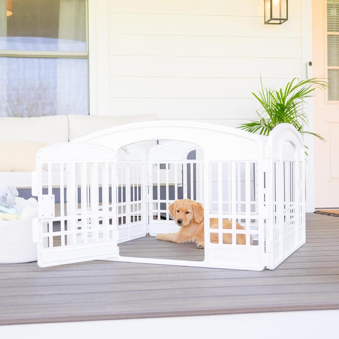Carlson 4-Panel Plastic Pet Pen  Portable, Secure, and Easy-to-Use Playpen for Small Pets | 24" Tall, White, Includes Door and Lock, Ideal for Small Pets, Whelping and Indoor/Outdoor Use (36"x 36"W x 24"H)