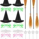 Maiteenly 24 Pcs Halloween Wizard Party Decoration Pink Green Glasses Witch Hat Broom Crown Pentagram Star Wand Princess Party Favor
