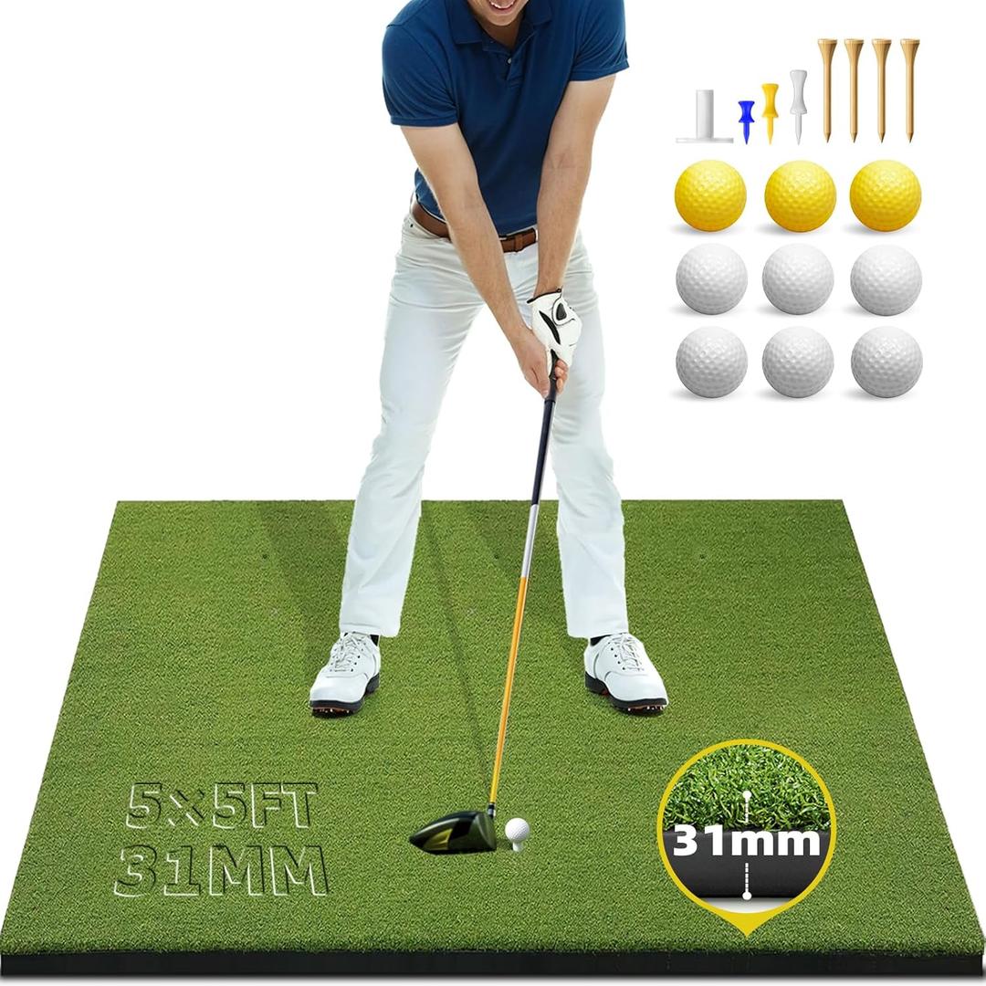 Bltend Golf Mat: 5x5ft 31MM Thick Heavy-Duty Golf Hitting Mats Practice Outdoor/ Indoor, Elite Artificial Turf Mat with 9 Balls, 8 Tees for Driving, Swing in Backyard/ Garage/ Basement/ Simulators