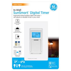 GE SunSmart 7-Day In-Wall Digital Timer Switch, Auto Sunrise/Sunset, Weekly Programmable, Security, Countdown, Single-Pole/3-Way, Neutral Wire Required, White or Light Almond, 32787