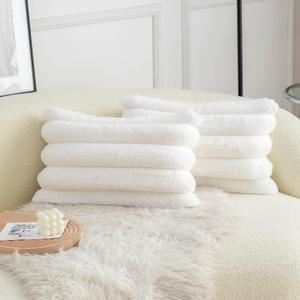 Neelvin Cream White Faux Fur Cozy Soft Striped Decorative Throw Pillow Covers 12x20 inch Set of 2,Velvet Pillowcase Cushion Case for Sofa Couch (20" x 12" (Pack of 2), Stripe Cream White)