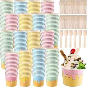 Ninehaoou 40 Pack 4 oz Ice Cream Cups with Spoons Paper Dessert Cups Colorful Sundae Bowls Disposable Ice Cream Containers for Hot Soup Spring Summer Graduation Bar Party Supplies