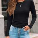 AUTOMET Women's Ribbed Long Sleeve Basic Top - Soft Stretch Crewneck Shirt for Work & Casual (XS)