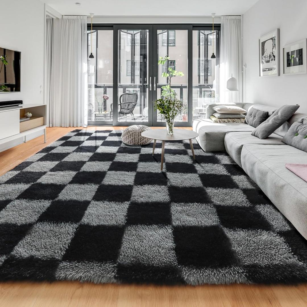 KICMOR 6x9 Area Rugs for Living Room, Large Fluffy Soft Black and Grey Checkered Big Fuzzy Shag Shaggy Bedroom Carpet, Indoor Plush Rug for Kids Boys Girls Room Dorm Nursery Home Decor Aesthetic