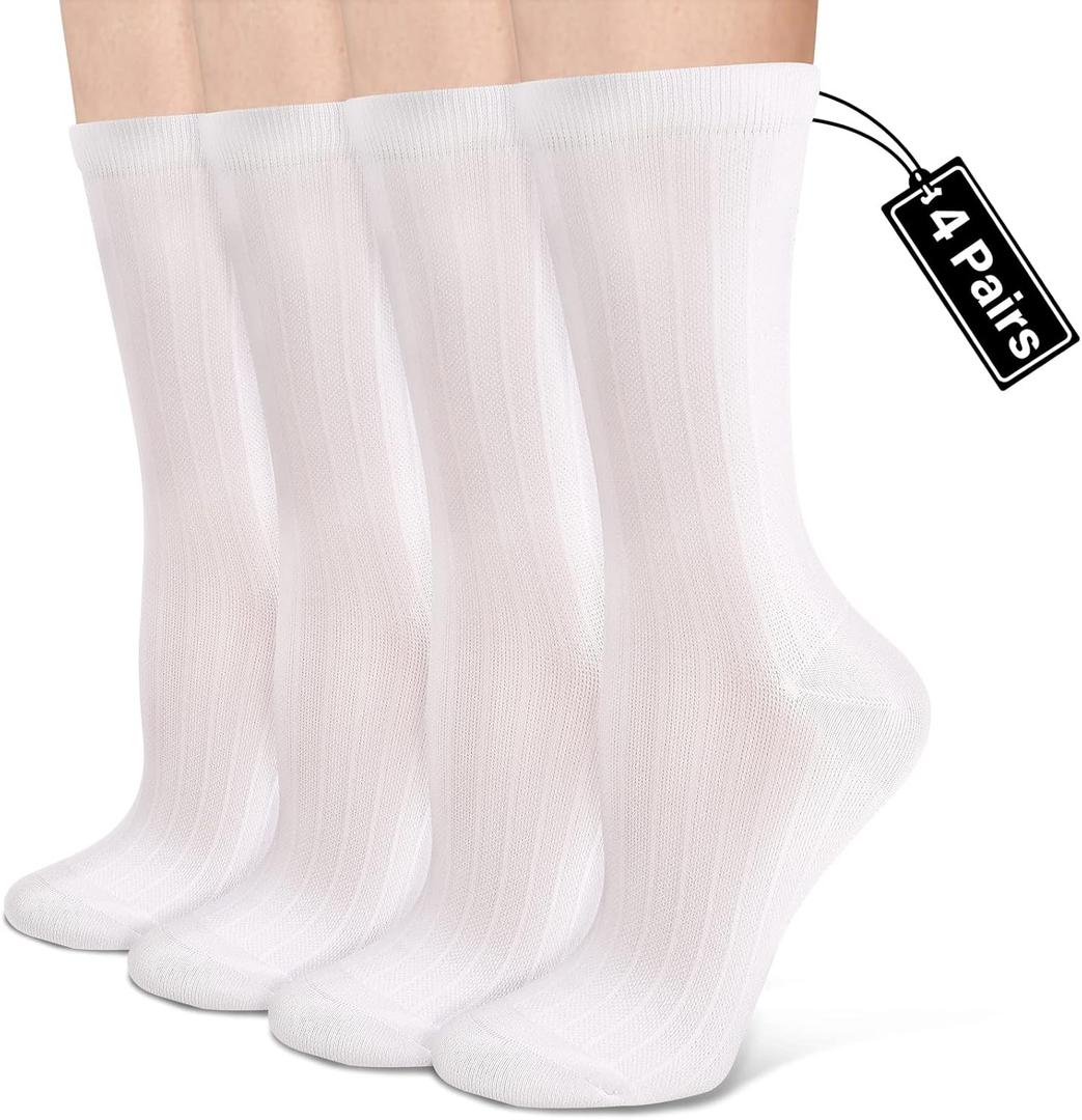 Compression Crew Socks for Women Thin Lightweight (15-20 mmHg) for Athletic Nurses Circulation Support Socks Outfits for Boot Dress Trouser Tights Men Size 9-11 Moisturizing Cool, 4 Pairs/White